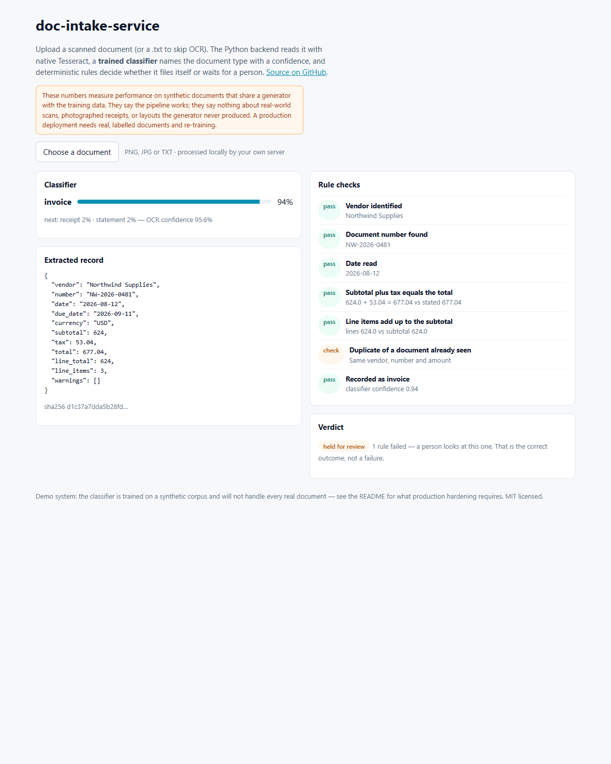 doc-intake-service catching a duplicate upload and holding it for review