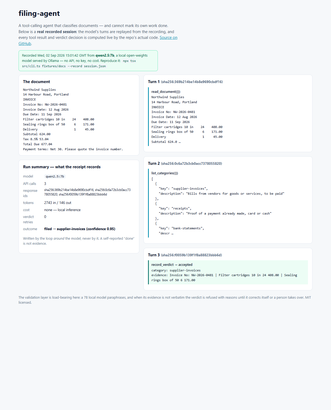 filing-agent live session replay with receipts, digests and token counts