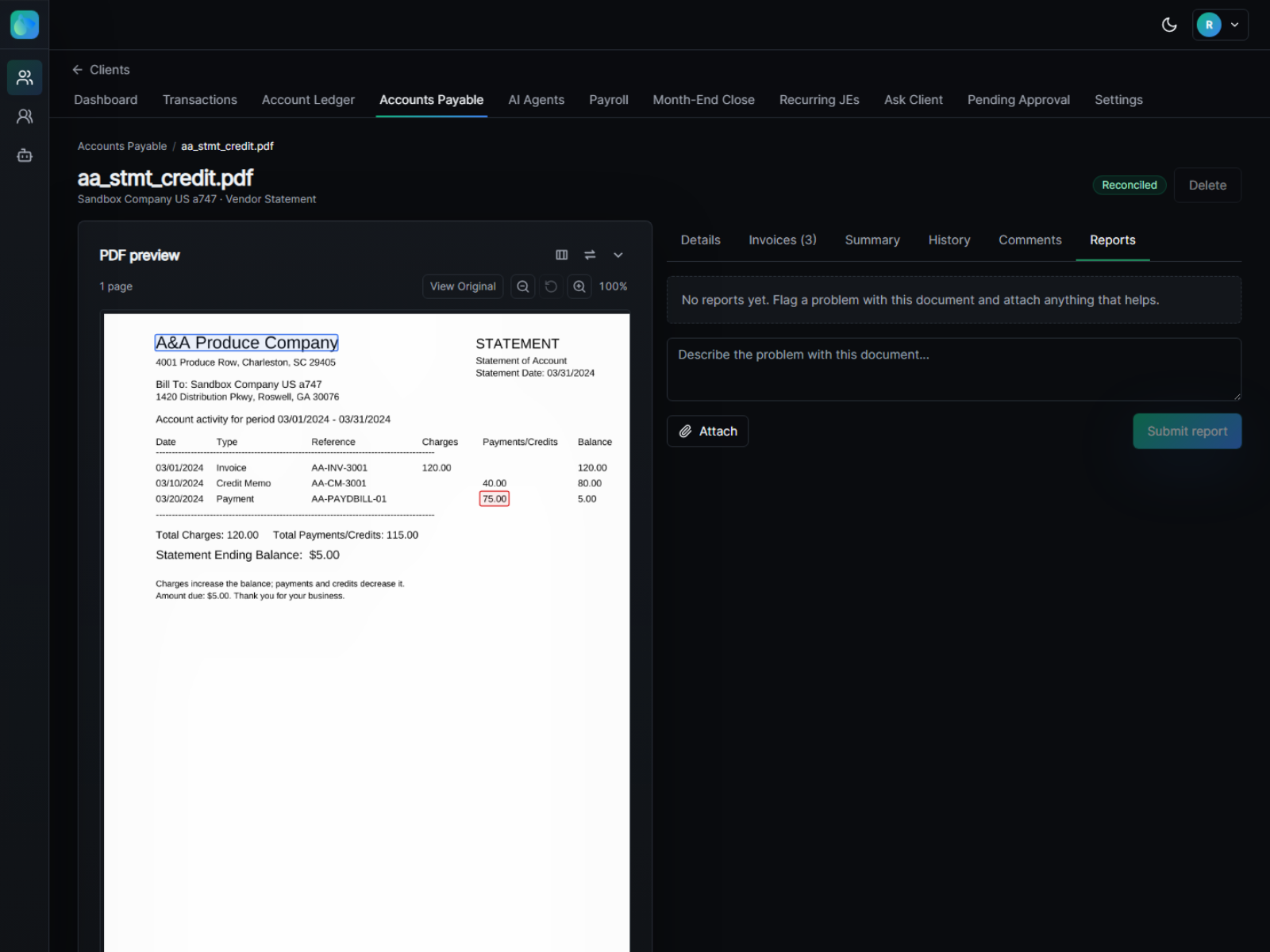 Paynthr vendor statement reconciled: charges, credit memo and payment tie to the ending balance